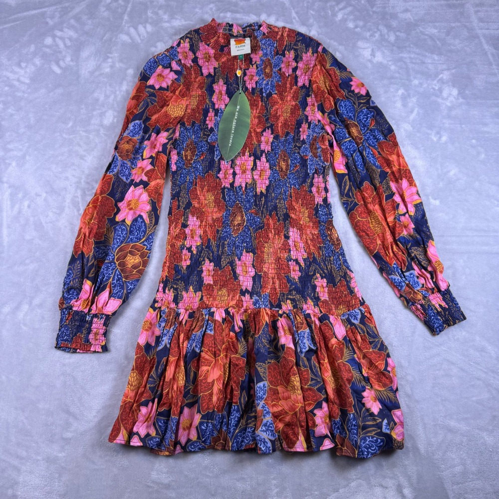 Farm Rio Garden Navy Mini Smocked Floral Dress Long Sleeve Mock Neck Small NWT